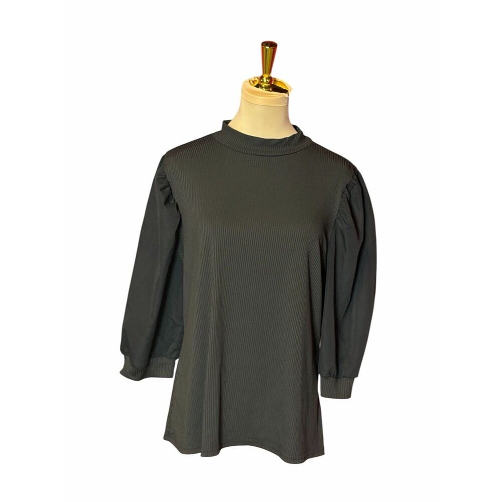 SHEIN Black Ribbed Mock Neck Puff Sleeve Top 2XL Plus Size Blouse